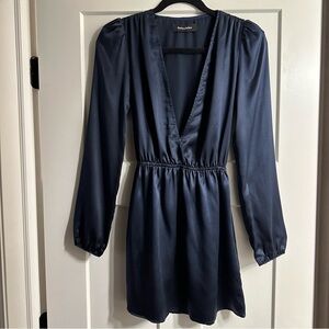 Reformation NEW XS 100% silk mini dress deep V neck long sleeve navy blue